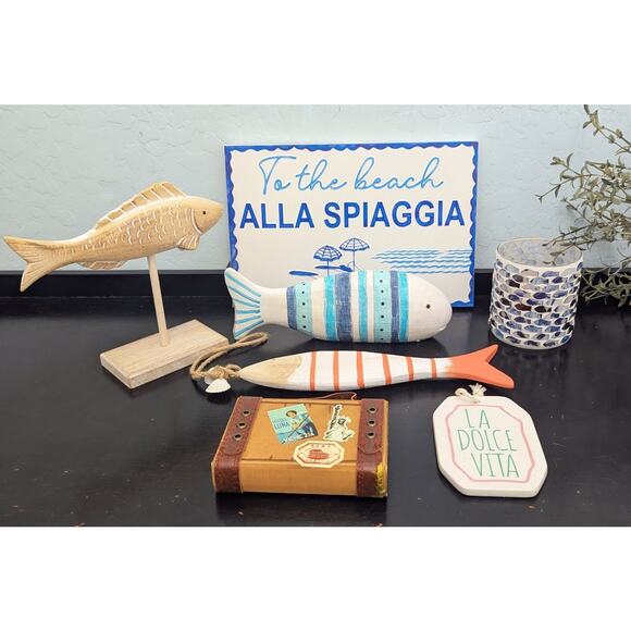 Fun Lot Carved Wooden Fish Beach Sign Italian Italy Candle Holder Display - Picture 1 of 4